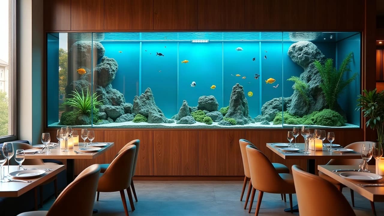 Aquarium encastré dans un mur habillé de bois au-dessus des tables dressées d'un restaurant