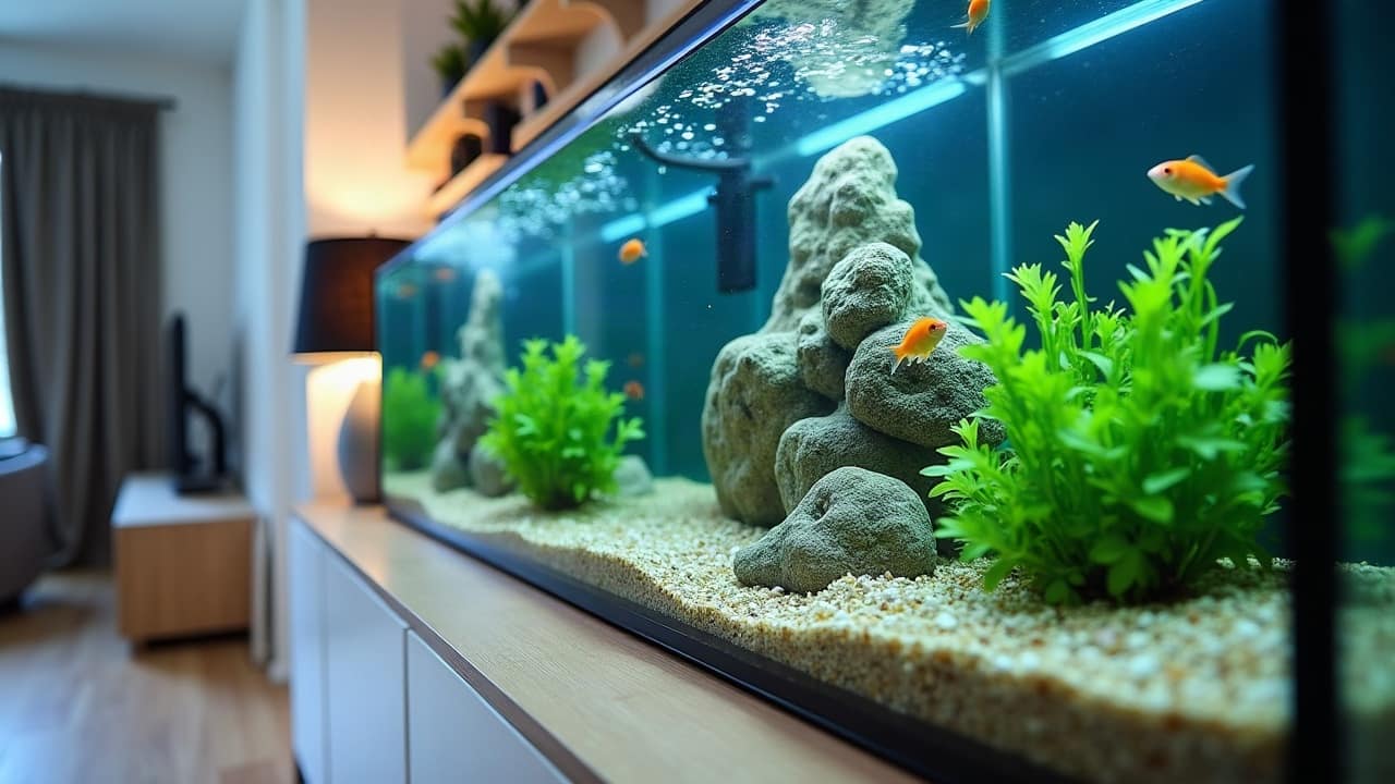 Détail d'un grand aquarium d'eau douce planté sur un meuble blanc : gravier, roches et plantes vertes