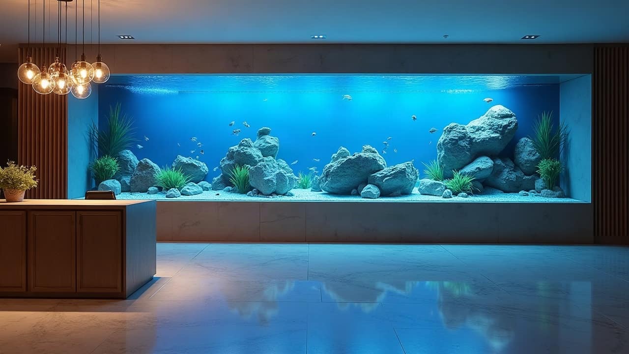 Long aquarium encastré dans le mur d'un hall à sol de marbre, éclairé en bleu, suspensions en verre au premier plan