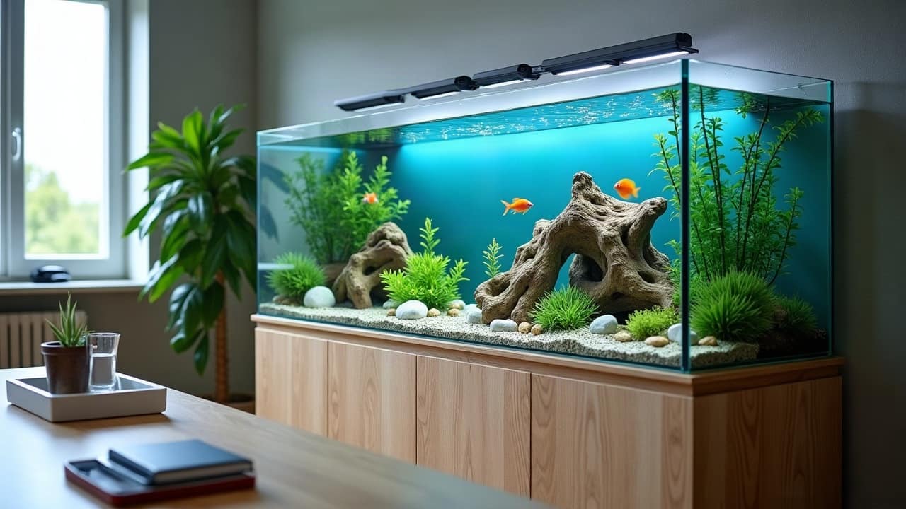 Aquarium d'eau douce planté posé sur un meuble en chêne clair dans un bureau lumineux